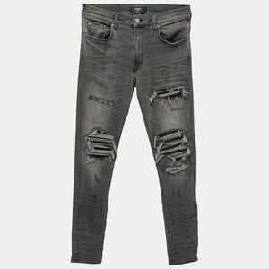 Amiri Mens Gray Distressed Leather Slasher Denim